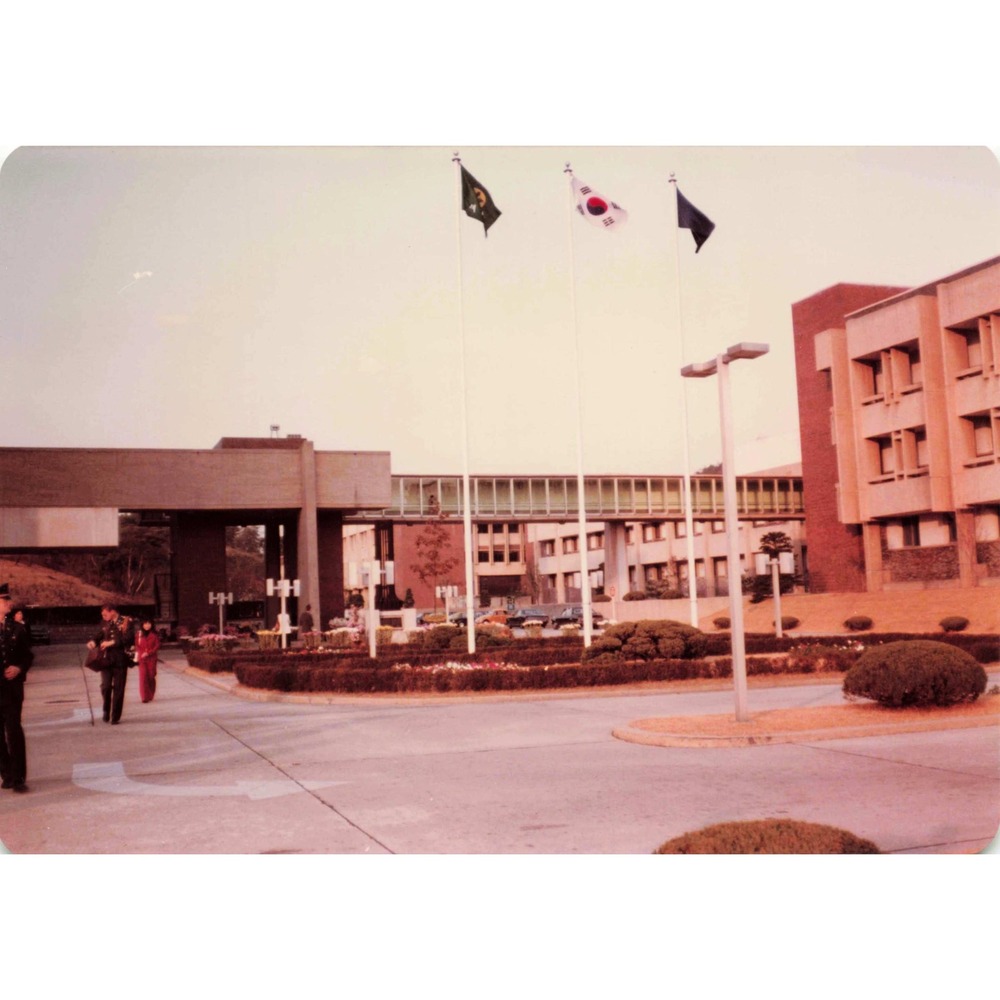 Vintage 1970s Osan Air Base Korea Headquarters Complex Flags Photo - Picture 1 of 1